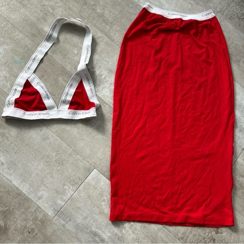 Calvin Klein Red Bralette and Skirt Set